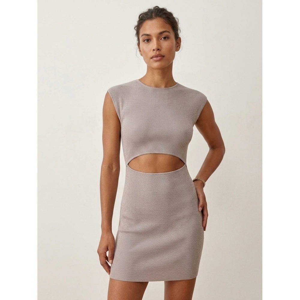 Wilfred Free Aritzia Ribbed Cutout Mini Dress Taupe Mauve Sleeveless M